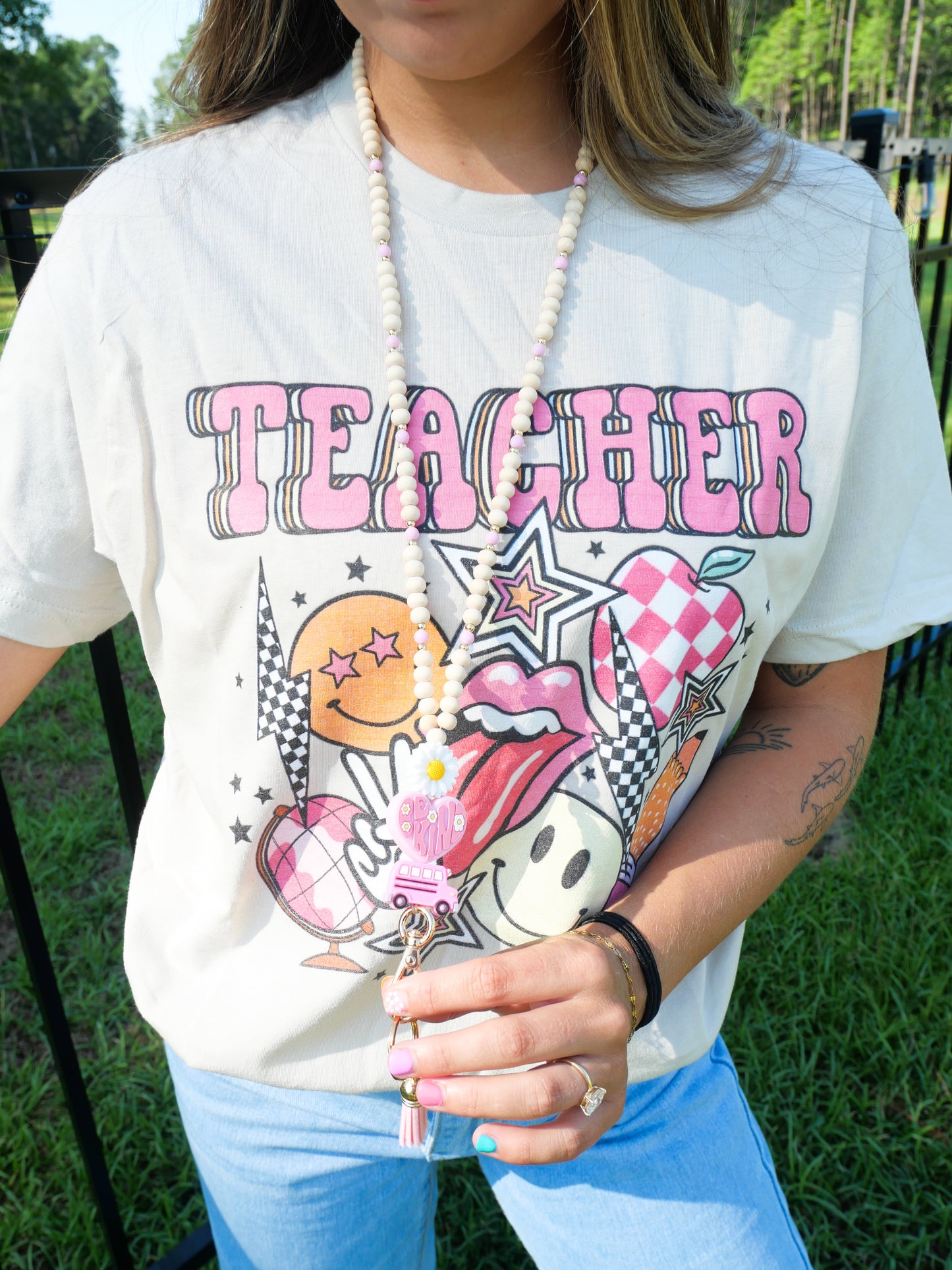 Wooden Flower Pink Bus Lanyard